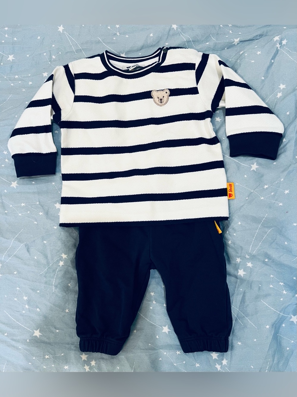 Gorgeous baby boy’s set by Steiff, size 2-3 months, dark blue trousers w/ shirt